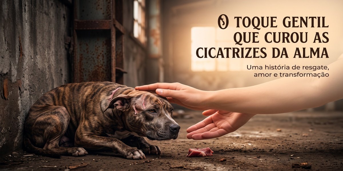 Cão maltratado recebendo carinho de voluntário