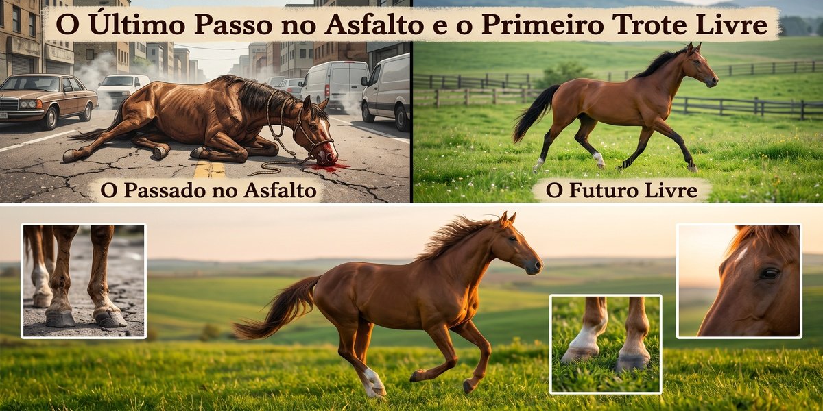 Cavalo correndo livre em pasto após resgate